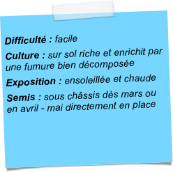 
Difficulté : facileCulture : sur sol riche et enrichit par une fumure bien décomposéeExposition : ensoleillée et chaude Semis : sous châssis dès mars ou en avril - mai directement en place